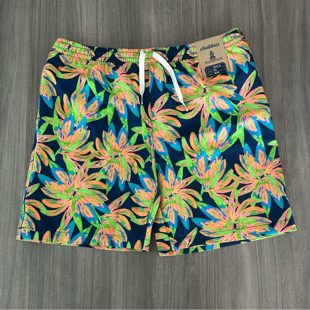 chubbies Kids Swim Trunks Navy with Neon Pink Green Floral Print